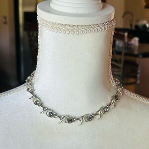 Vintage Sarah Coventry Choker & Clip On Earrings Silvertone Taupe rhinestones